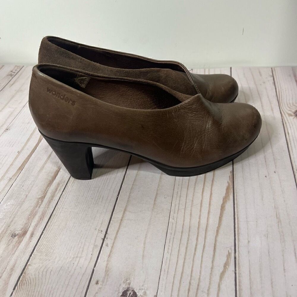 Wonders Brown Leather Suede Comfort Pumps Heels
